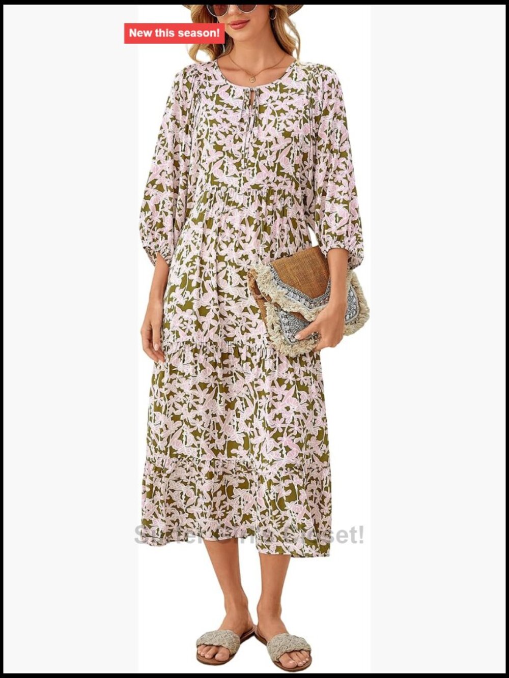 3/4 Sleeve Boho Maxi Dress V-Neck Floral Flowy Long Dress for Summer Beach